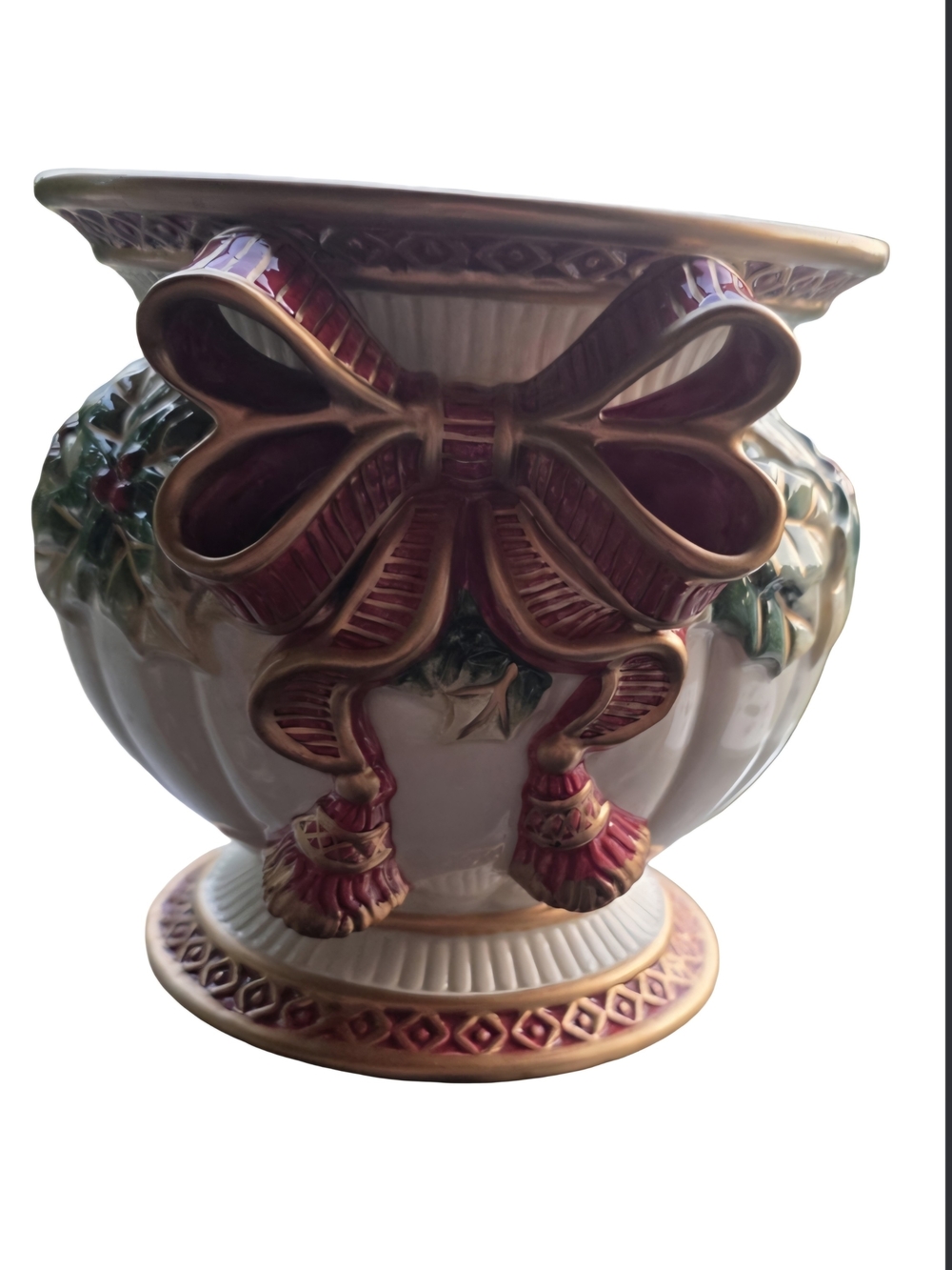 Fitz and Floyd Retired Holiday Rose Ribbon Pillar Candle Holder